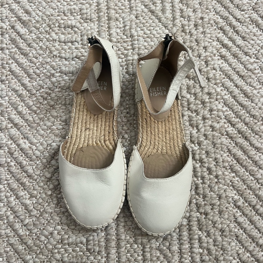 Eileen Fisher White Leather Espadrille Ankle Strap Flats Sandal 6.5 EF45952